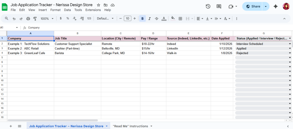 screen shot of job app tracker
